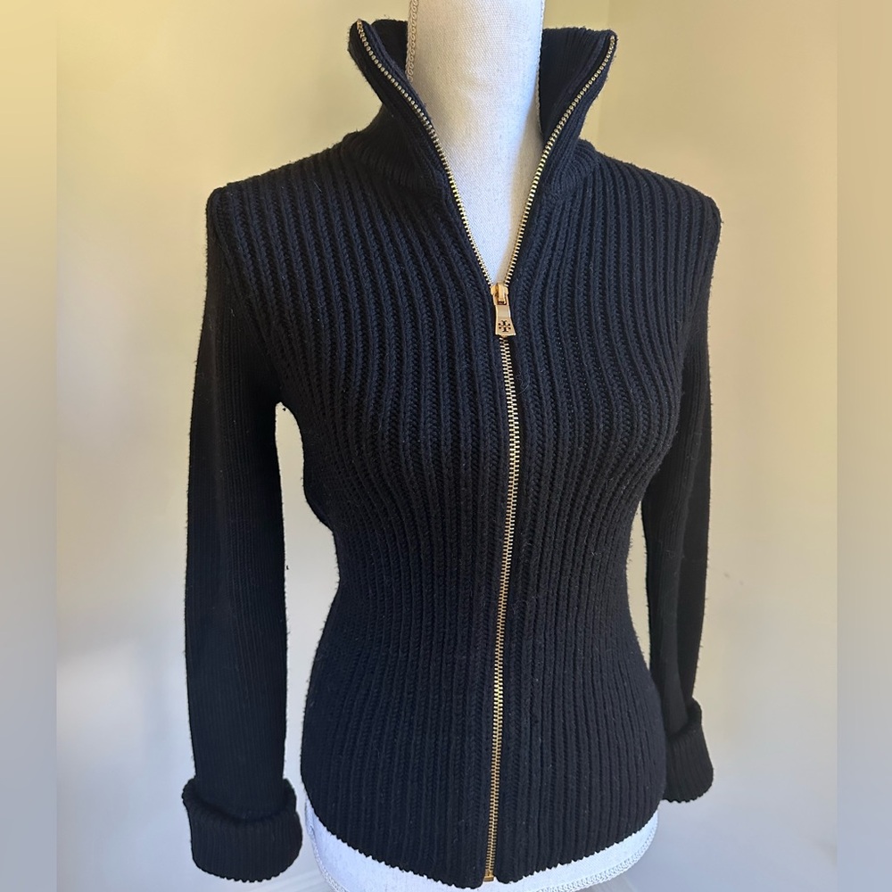 Tory Burch Black Zip Cardigan Ribbed Knit Sweater Small